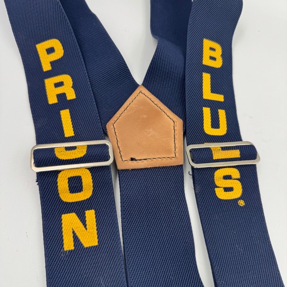 Prison Blues Suspenders OS Navy Blue Yellow Logo Y-Back Leather Button Ends Work - Picture 2 of 4